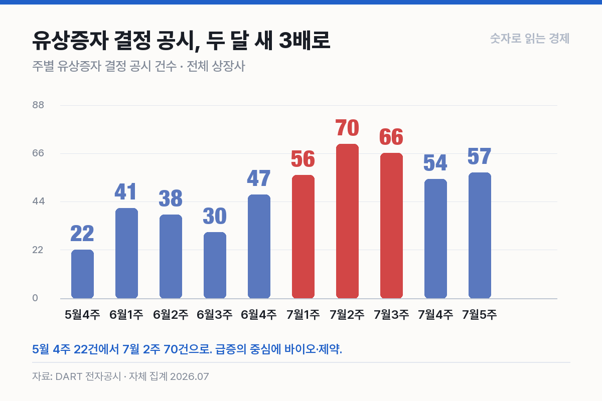 유상증자 결정 공시는 두 달 새 세 배로 늘었다. 급증의 중심에 바이오·제약.